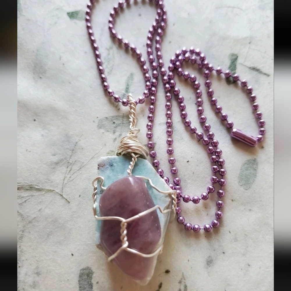 Handmade Larimar & Purple Rose Quartz Wire Wrapped Necklace